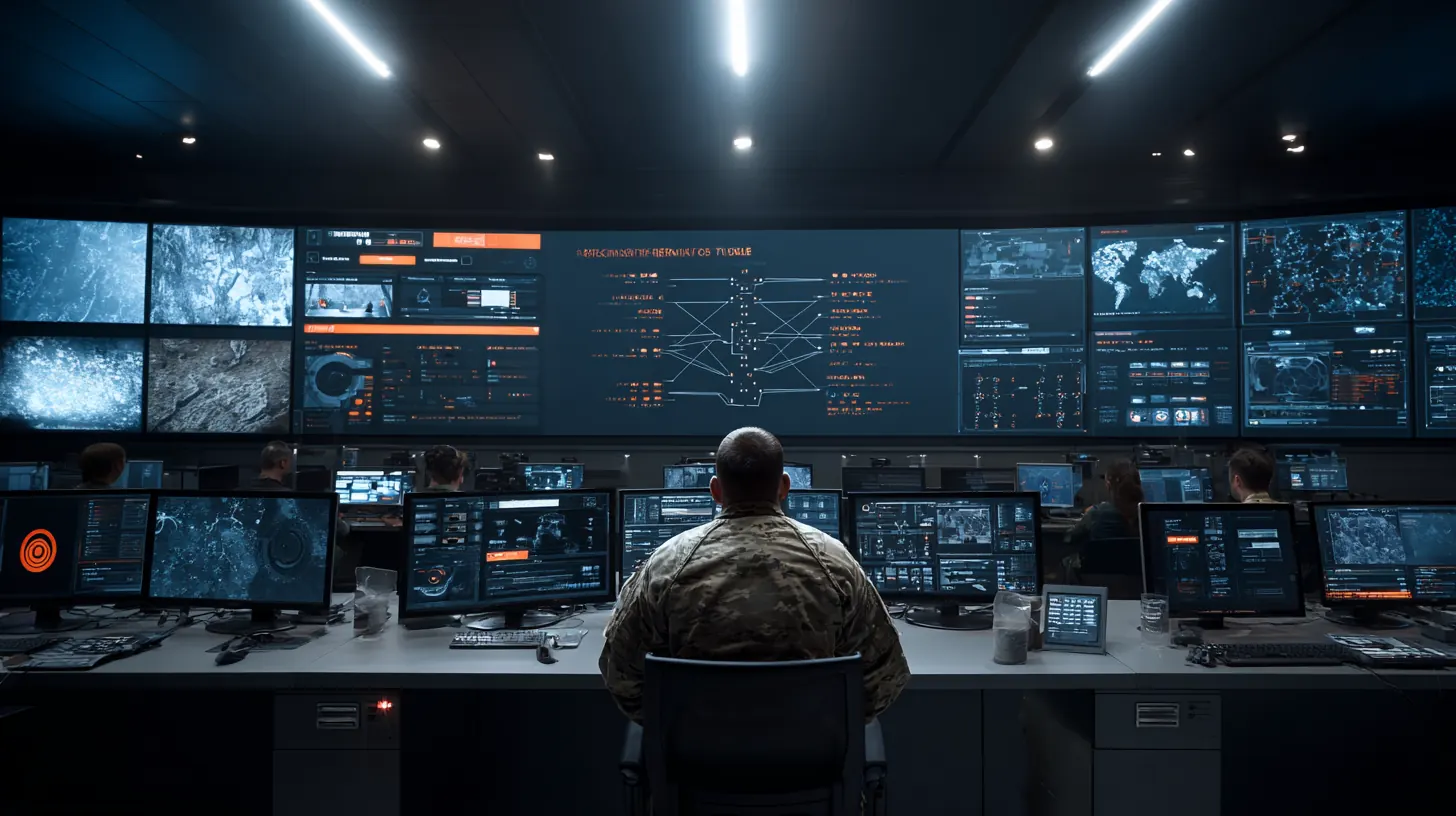 A watch floor at night: one operator before a wall of surveillance displays