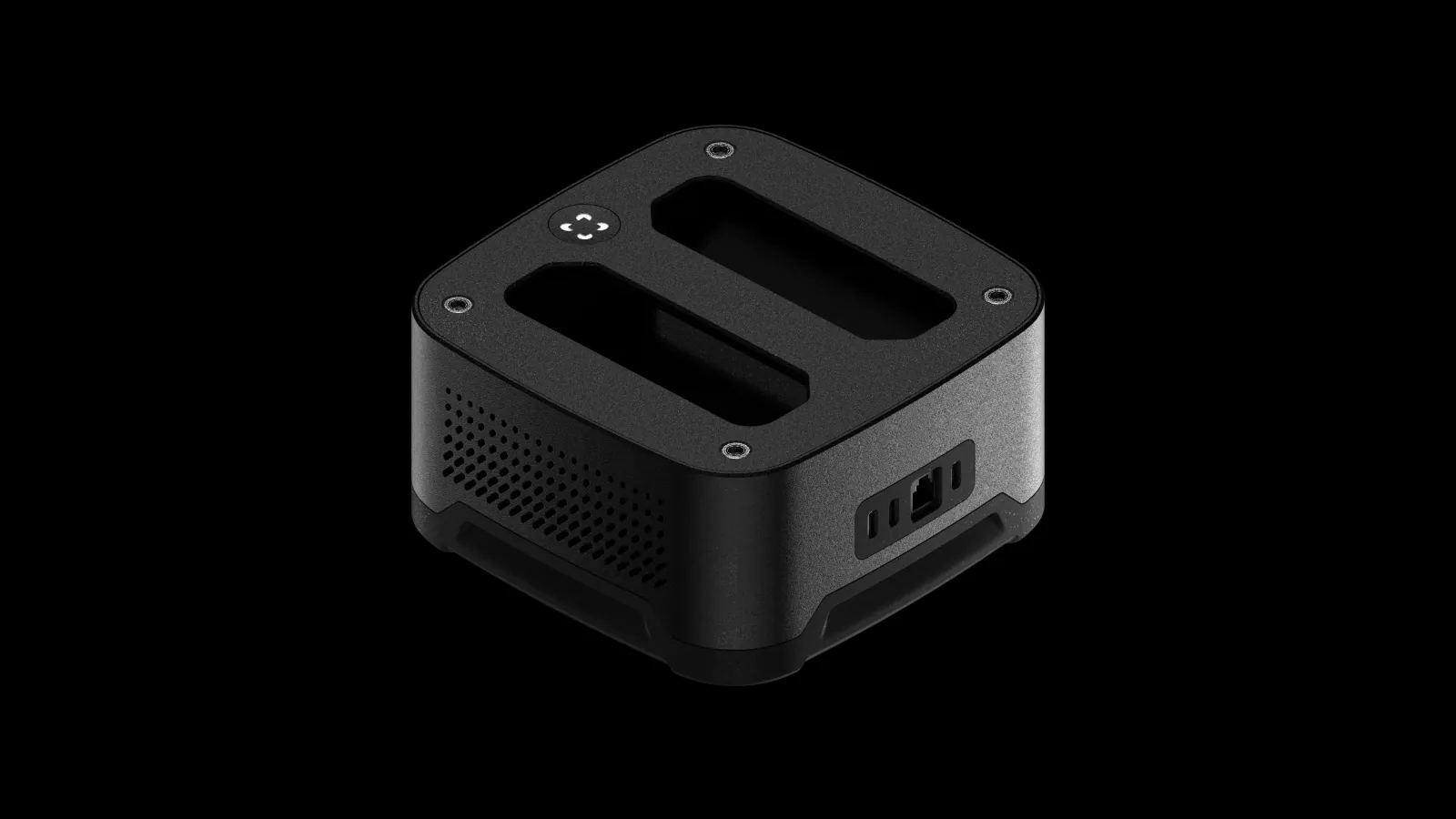 The MIMIR edge unit: a matte-black rugged compute box with recessed handles and a side vent grille