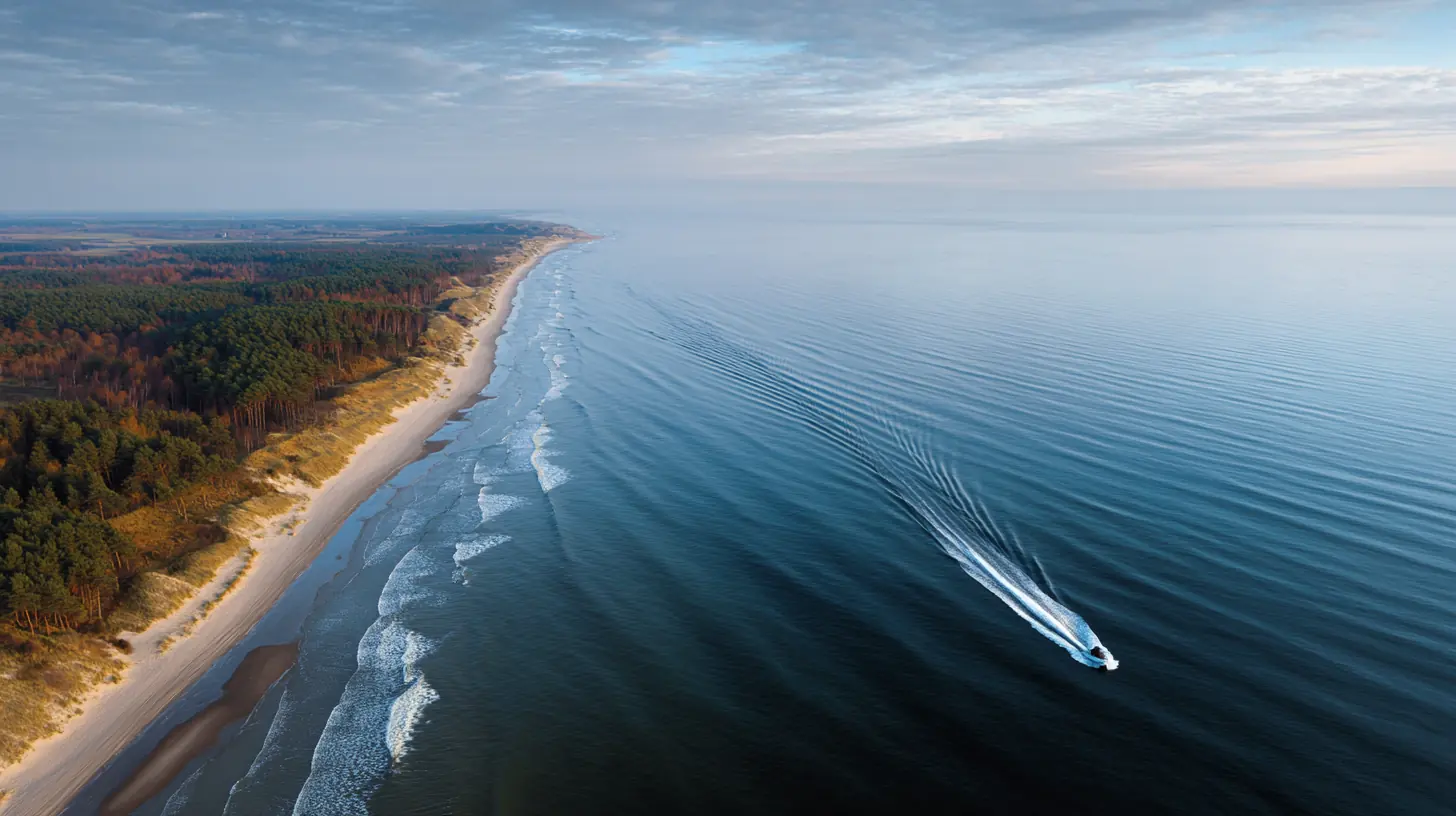 A Baltic coastline at overcast dawn, one small uncrewed boat drawing a wake