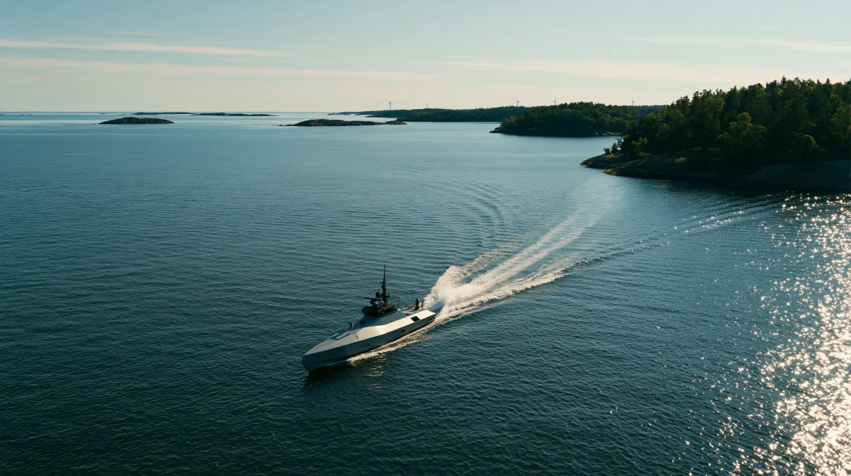 An uncrewed surface vessel cutting a wake through the Baltic archipelago