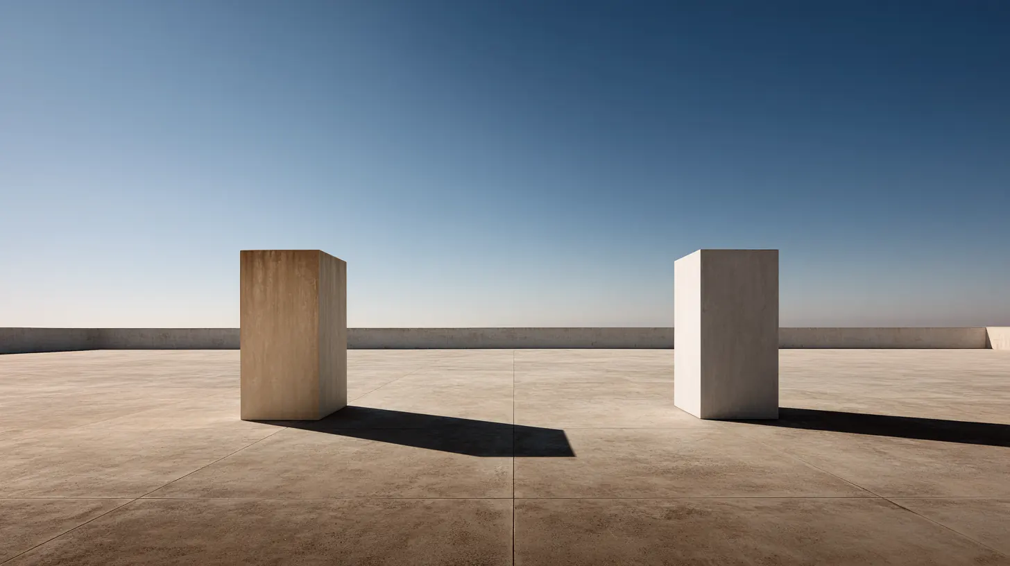 Two identical pale concrete pedestals on an empty plaza — the memory store and the learning corpus, kept deliberately apart