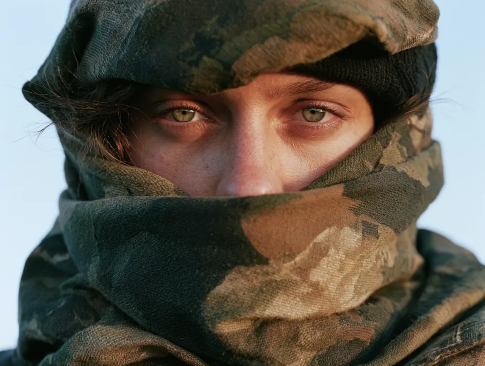 A watch-standing soldier's eyes above a camouflage scarf — the craft being learned